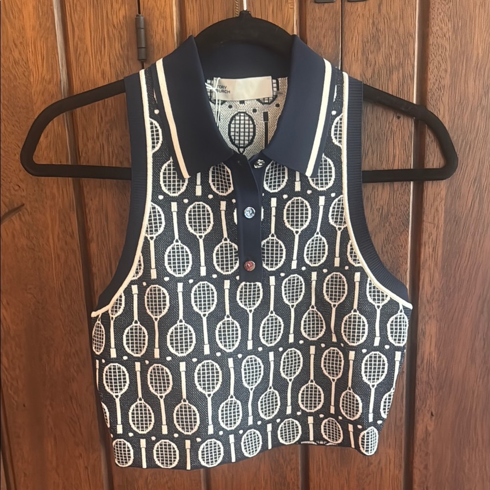 Tory Burch Blue Tennis print Buttoned Polo Racerback Tank Top NWT size small